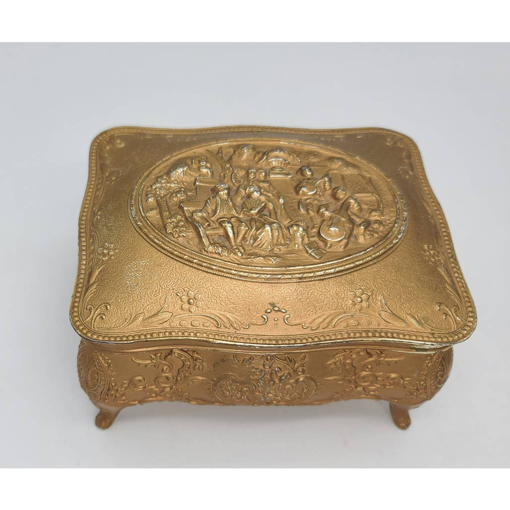 Gold Matte Baroque Theme Footed Jewelry Box/Casket Velvet Lining Mark "Foreign"